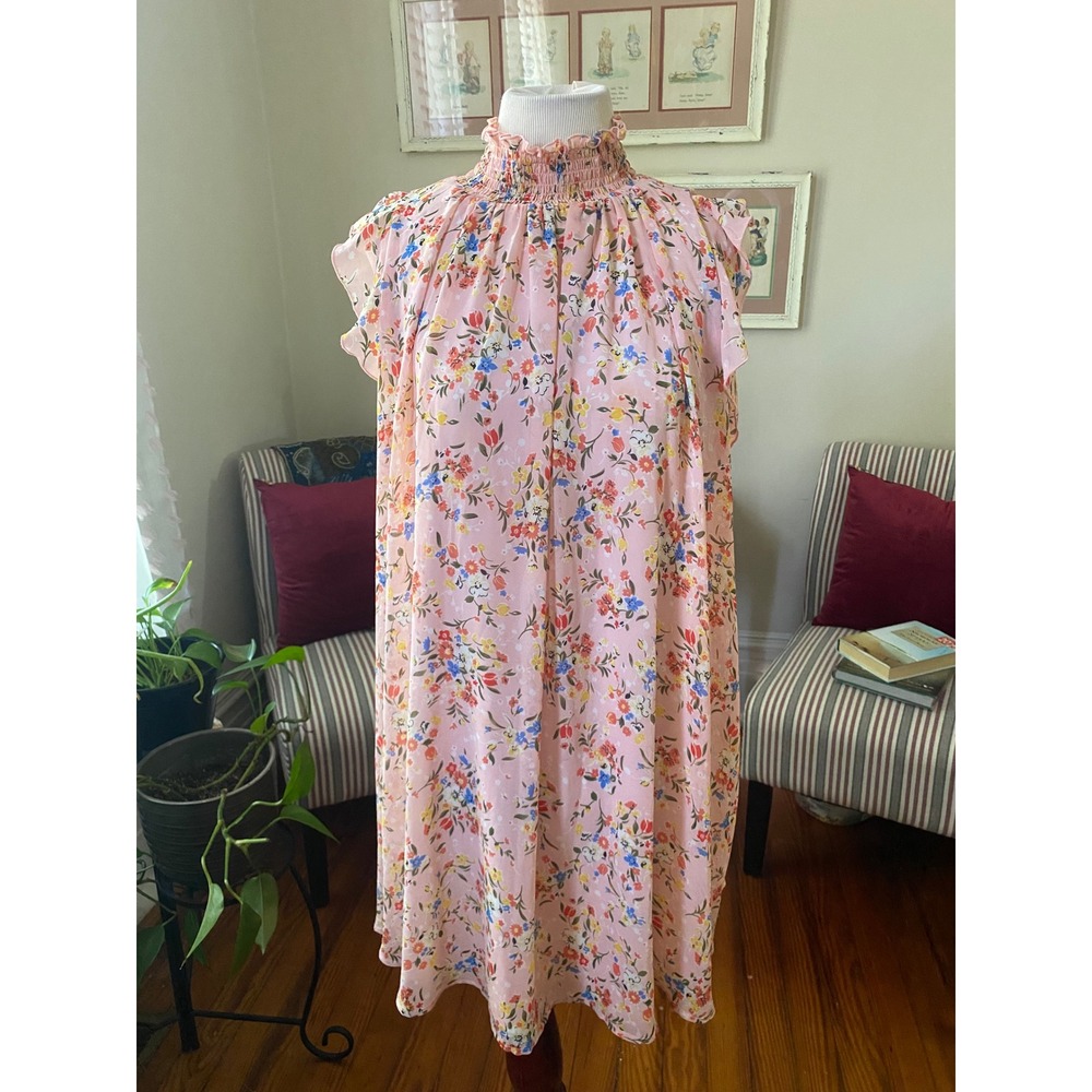 CODE X MODE Pink Floral Smocked High Neck Flutter Sleeve Shift dress XS Mini - Picture 2 of 9